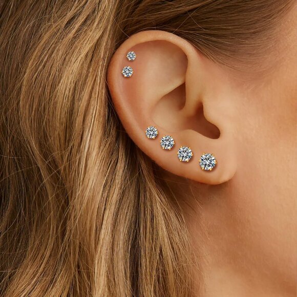 UHIBROS 6 Pairs Hypoallergenic Cubic Zirconia Sterling Silver Stud Earrings Set - Picture 2 of 8